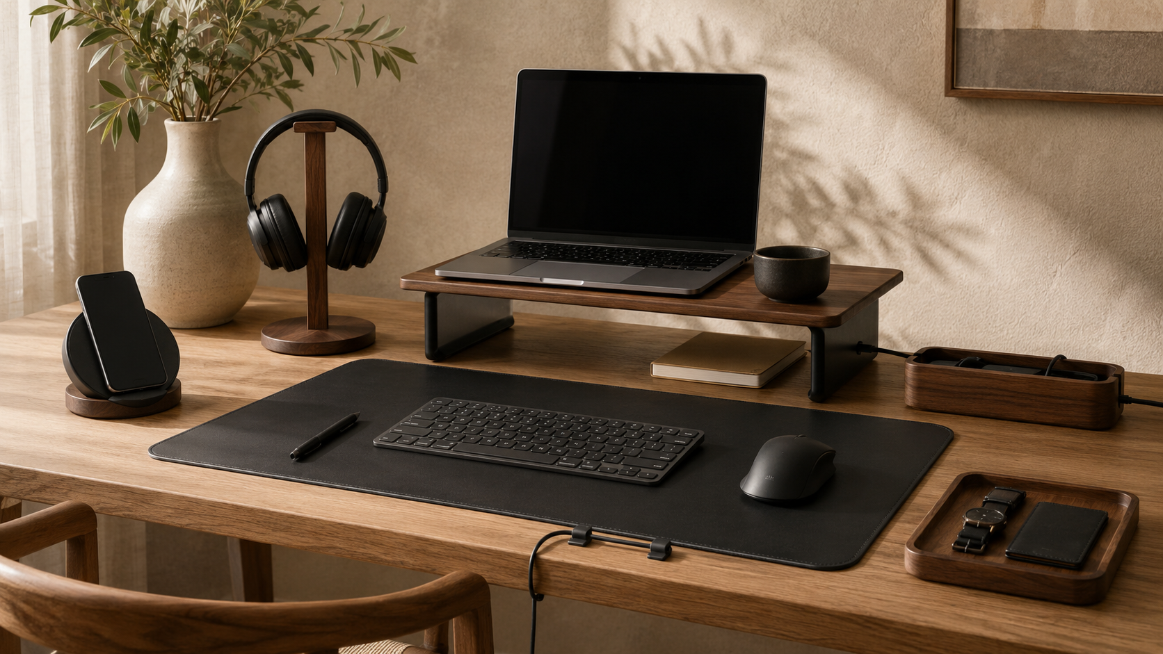 Warm minimalist desk with NORVEN workspace essentials