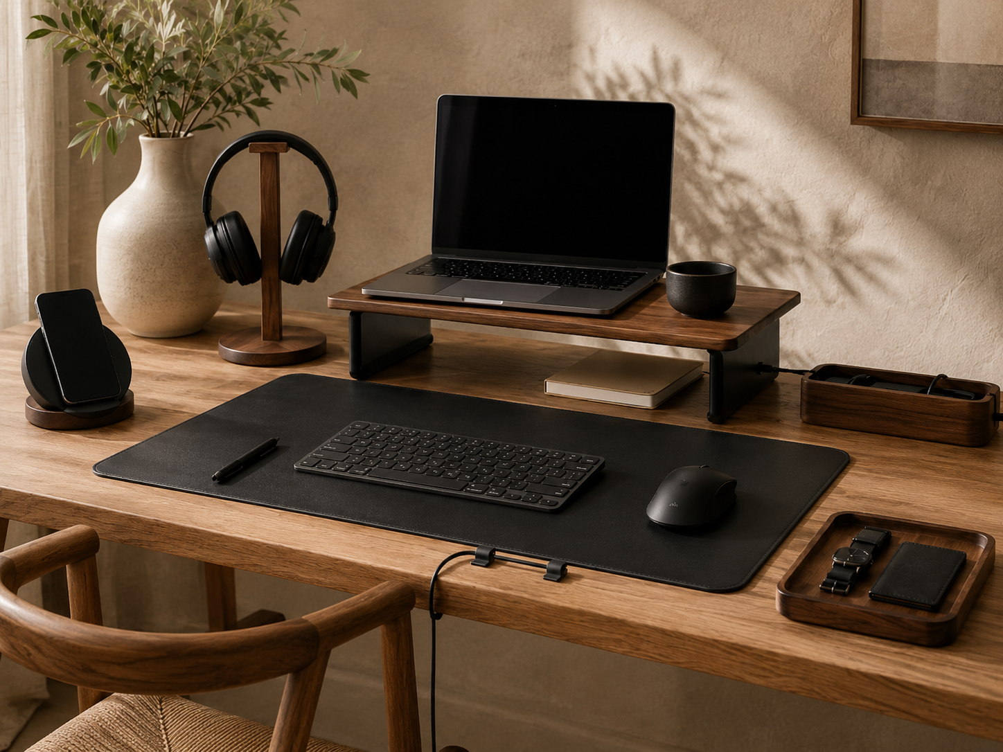 A calm walnut desk setup with warm natural materials