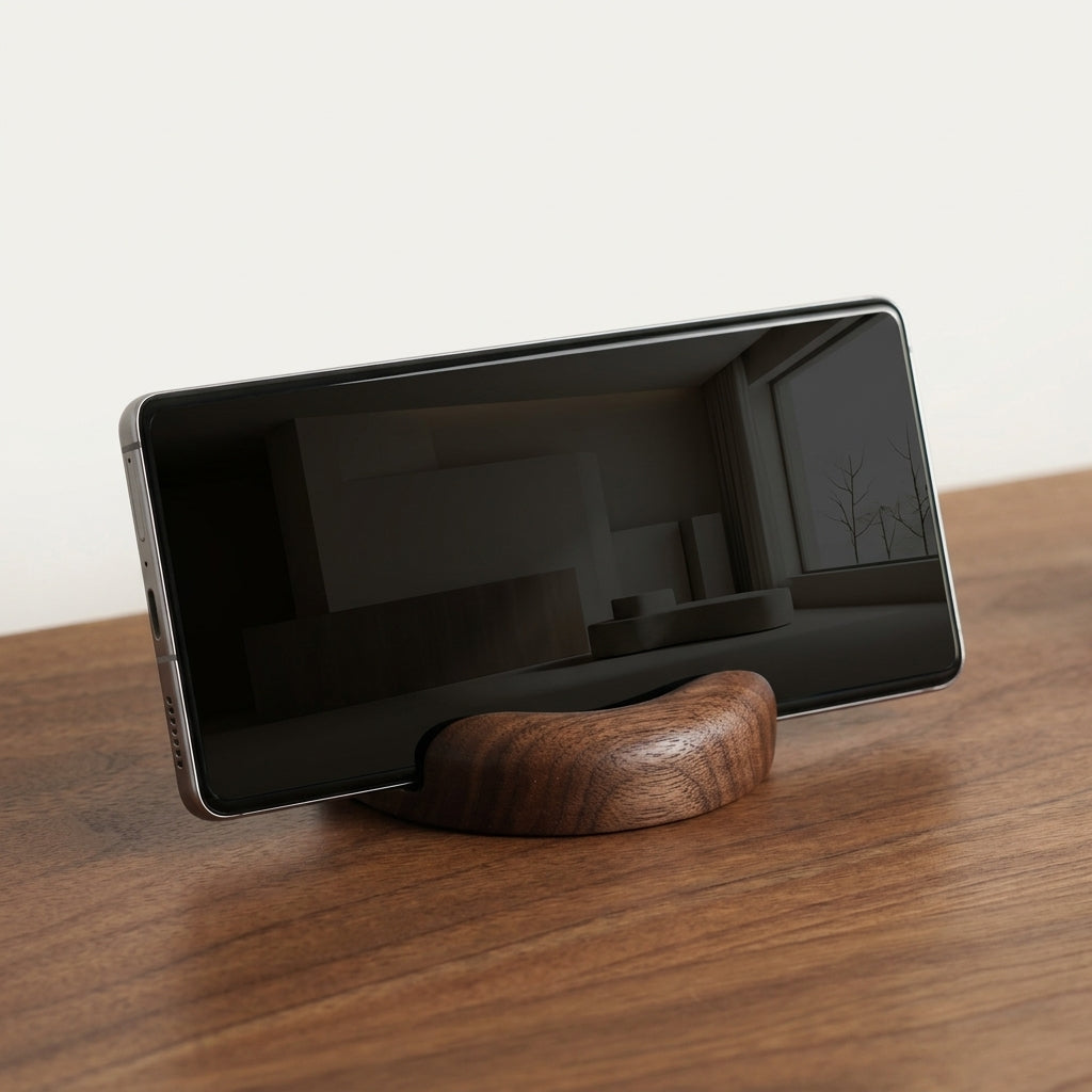 Round Walnut Phone Stand in a warm desk setup