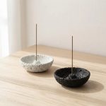 Minimalist Wabi-Sabi Incense Holder — Faux Concrete Resin Bowl in a warm desk setup