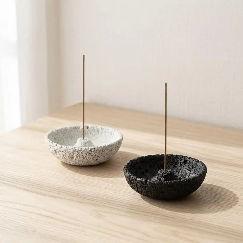 Minimalist Wabi-Sabi Incense Holder — Faux Concrete Resin Bowl in a warm desk setup