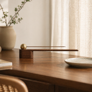 Walnut & Brass Incense Holder in a warm desk setup