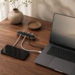 Walnut Cable Management Bar in a warm desk setup