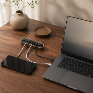 Walnut Cable Management Bar in a warm desk setup