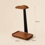 Walnut Headphone Stand with Catchall Tray in a warm desk setup