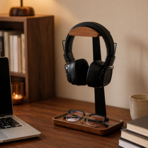 Walnut Headphone Stand with Catchall Tray in a warm desk setup
