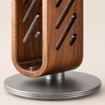 Walnut Headphone Stand with Rotating Base in a warm desk setup