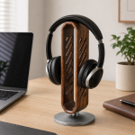Walnut Headphone Stand with Rotating Base in a warm desk setup